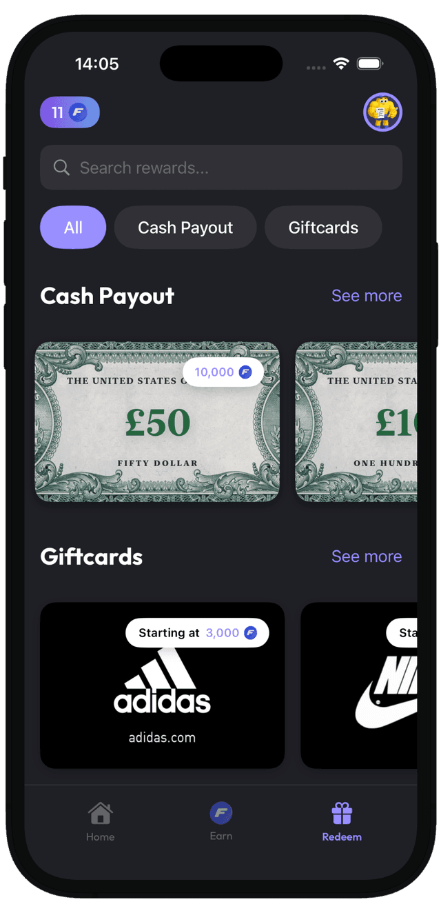 FitPhone app showing rewards